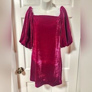 REBECCA Minkoff Fuschia Vienne Velvet Square Neck Short Puff Sleeve Mini Dress L